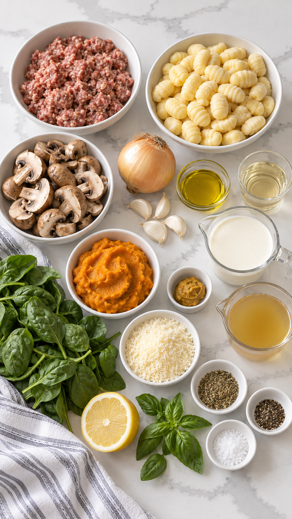 Italian sausage, potato gnocchi, pumpkin puree, mushrooms, spinach, cream and the remaining recipe ingredients.