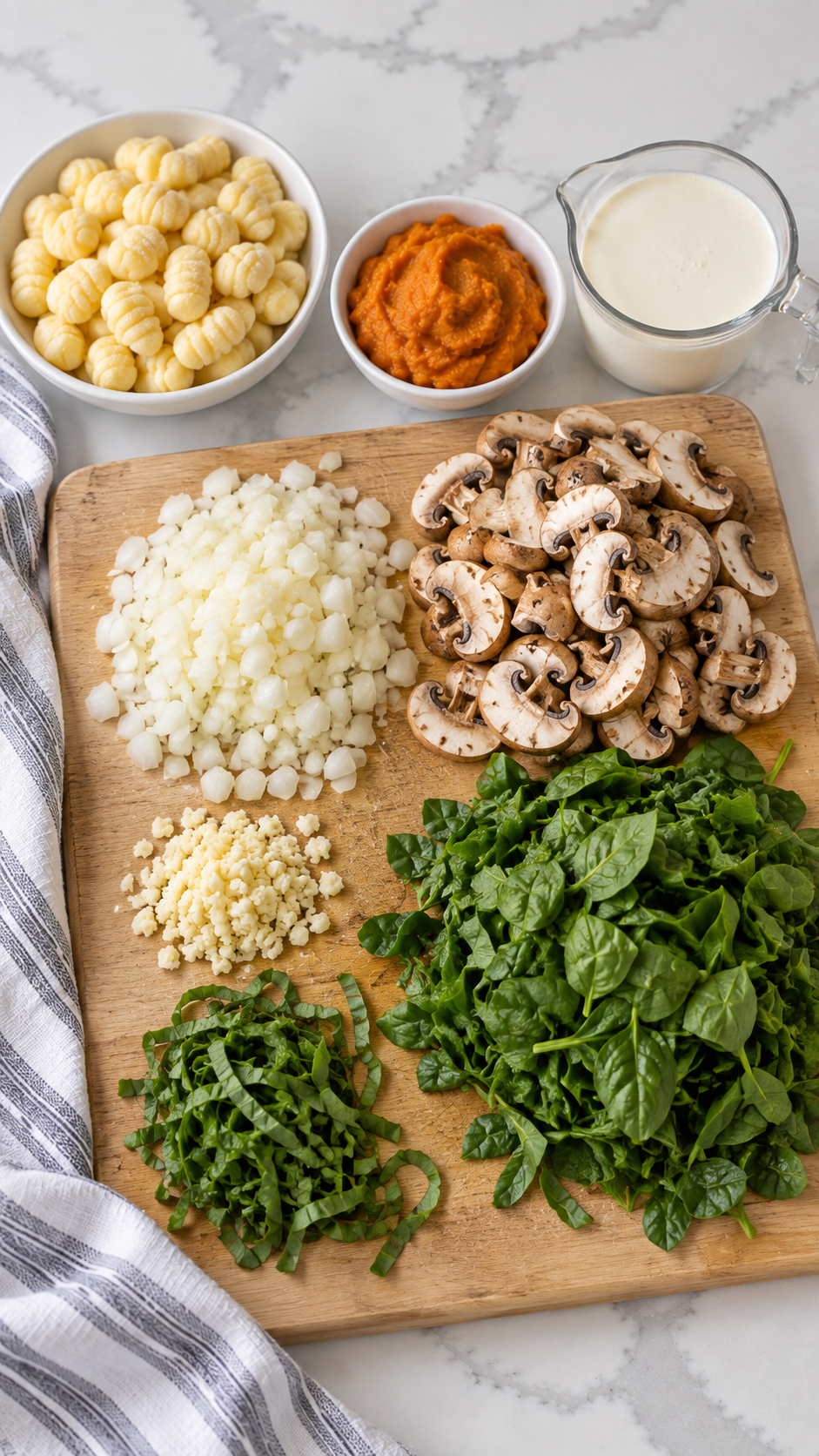 Chopped onion, minced garlic, sliced mushrooms, chopped spinach and basil prepared for cooking.