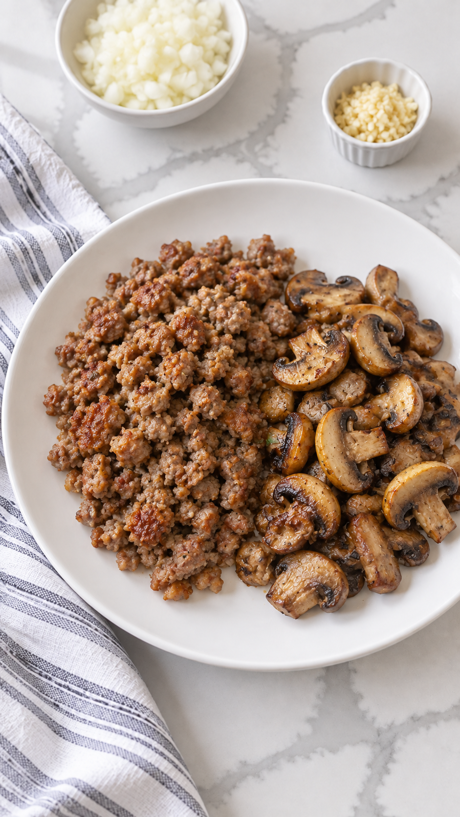 Browned Italian sausage and sliced mushrooms transferred to a white plate.