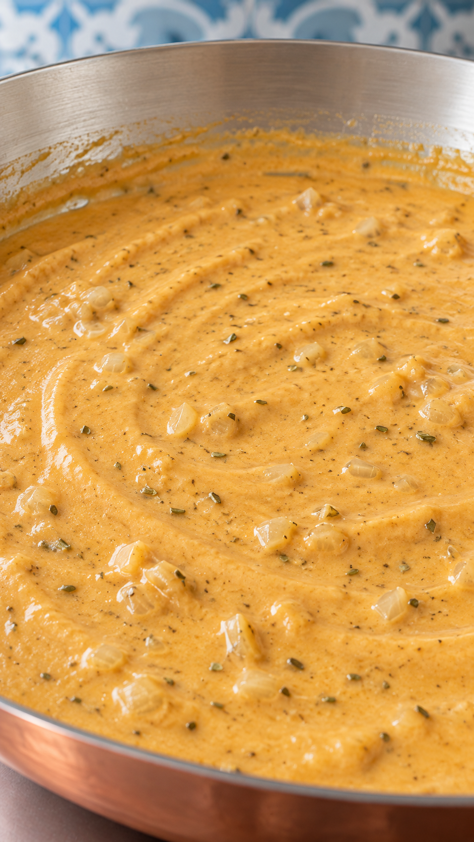 Pumpkin cream sauce with softened onion and Italian seasoning in a copper skillet.