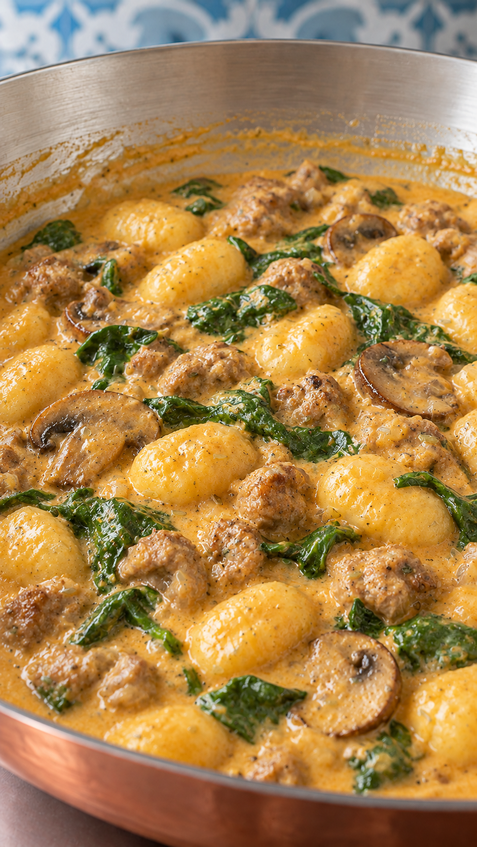 Gnocchi, cooked sausage, mushrooms and wilted spinach in pumpkin cream sauce.