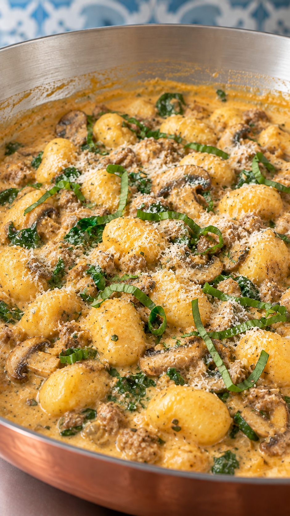 Pumpkin sausage gnocchi finished with Parmesan and thin basil ribbons.