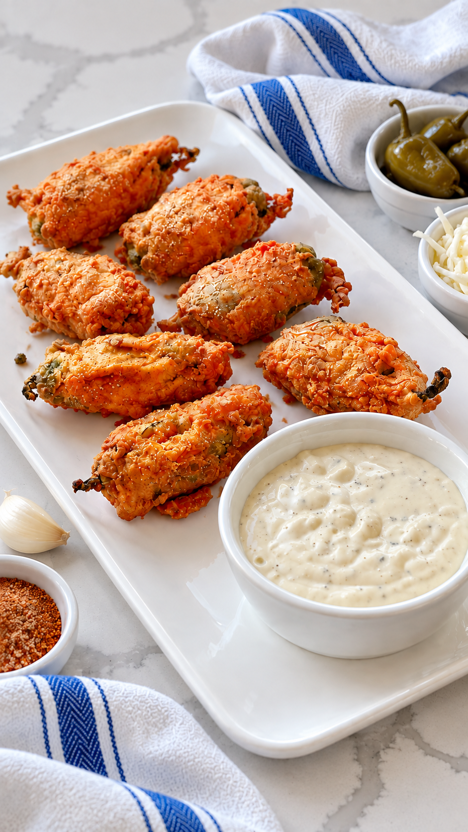 Finished scorpion tails served with ranch in a white bowl on the same white platter.