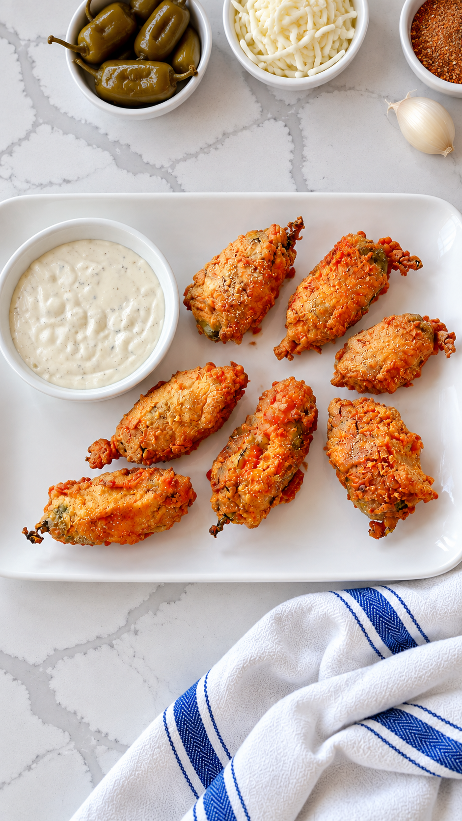 Overhead view of shrimp-stuffed fried jalapeños and ranch dressing.