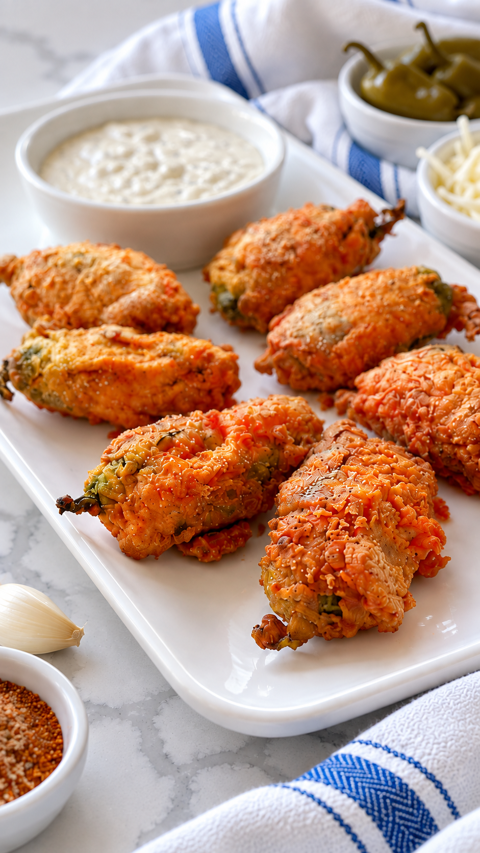 Close view of the crisp seasoned flour coating on fried scorpion tails.