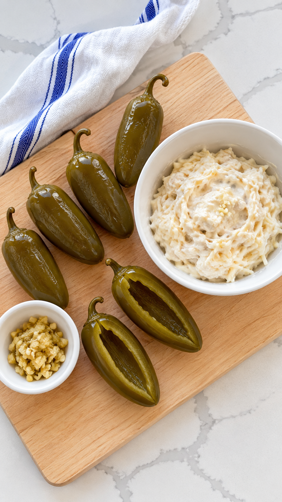Whole pickled jalapeños slit and seeded beside the Monterey Jack and cream cheese filling.