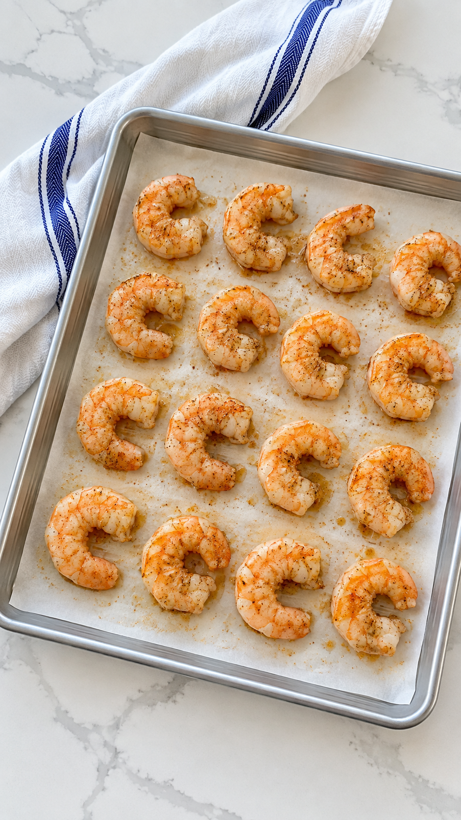 Cajun-seasoned shrimp baked until opaque on a parchment-lined sheet pan.