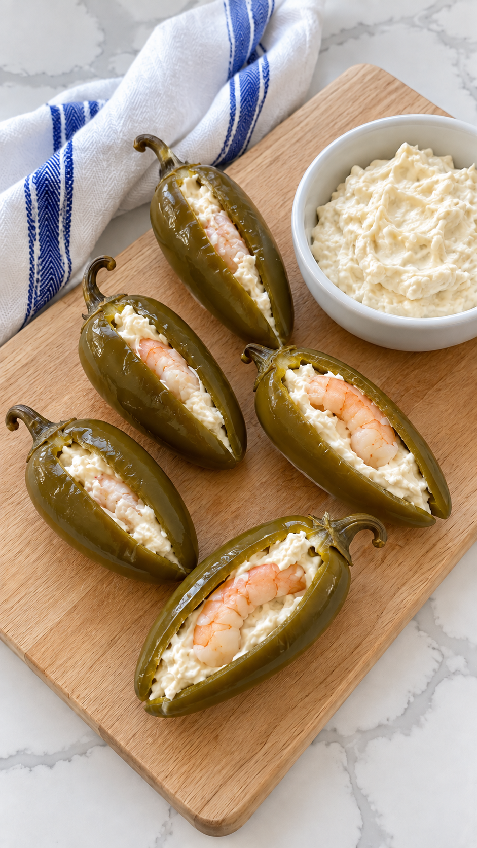Cooked shrimp and cheese filling tucked inside whole pickled jalapeños.