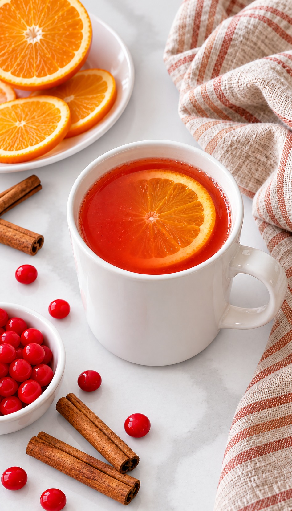 Finished Red Hots apple cider served in a white mug with a fresh orange slice.