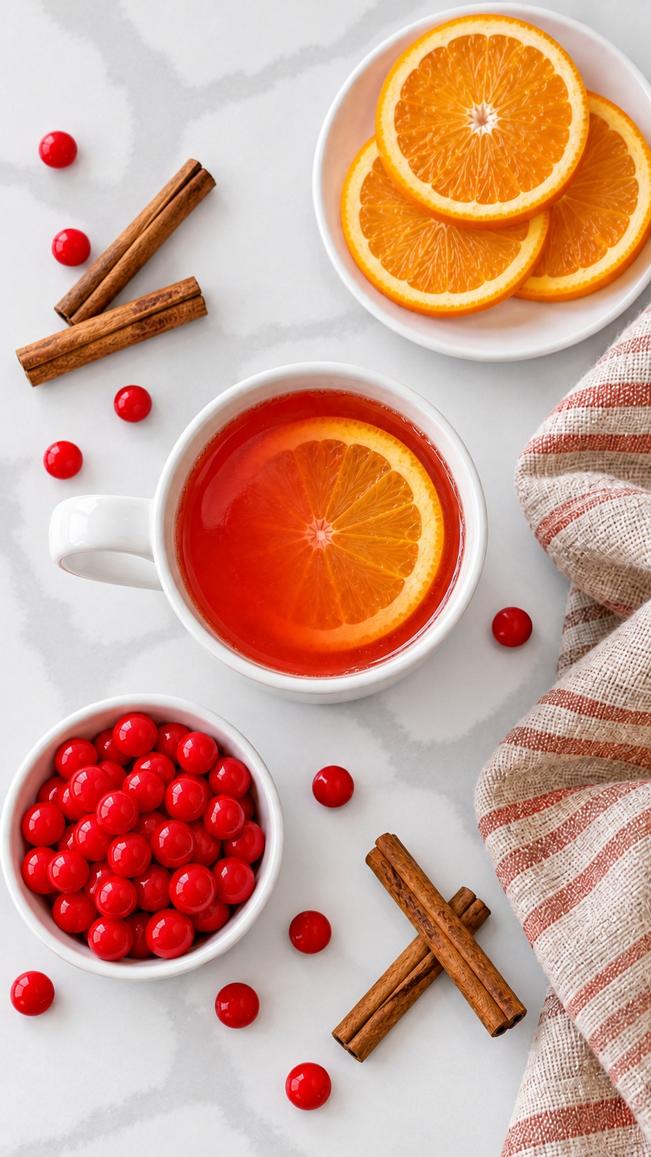Overhead view of cinnamon Red Hots apple cider with an orange slice in a white mug.