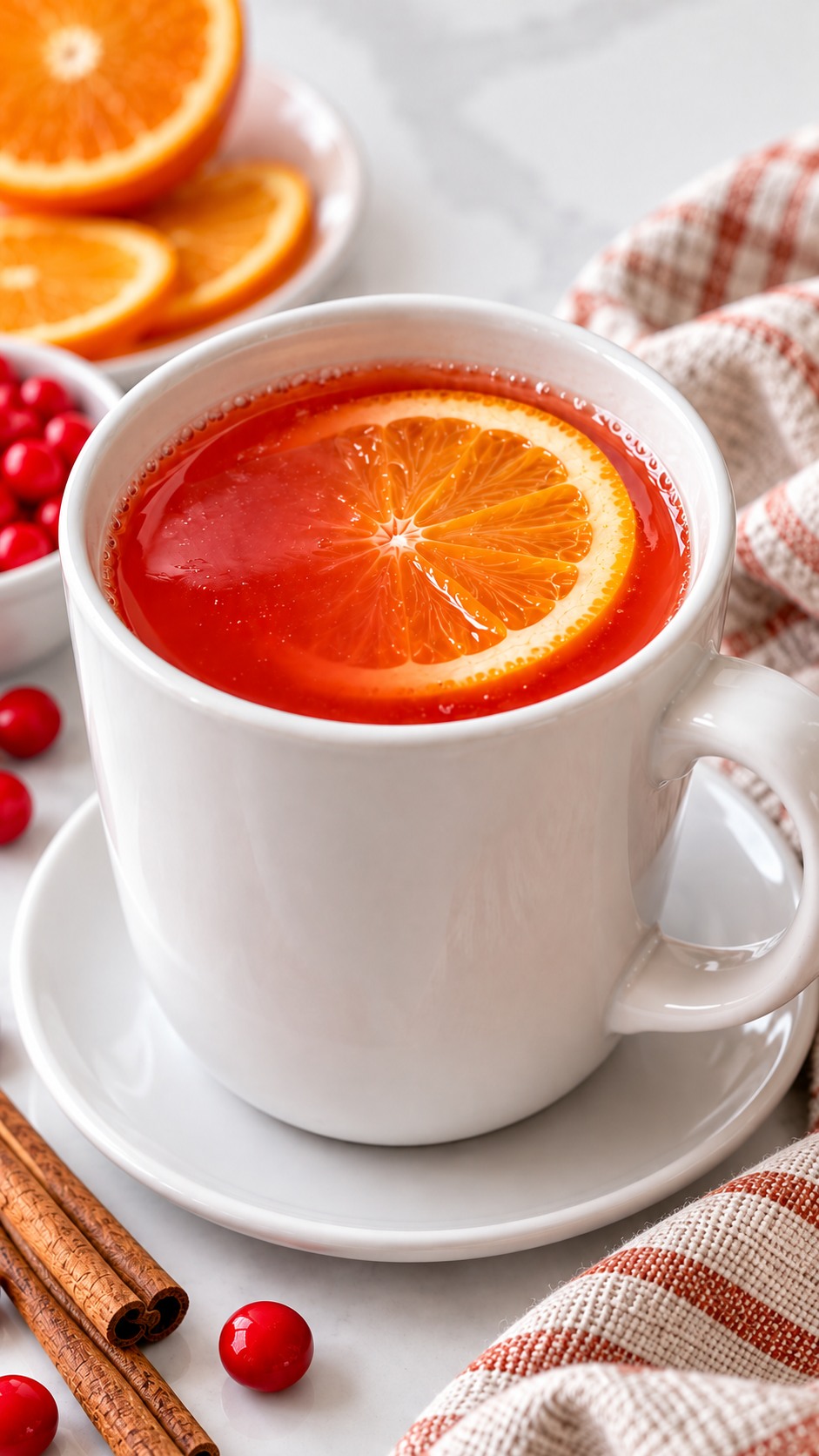 Close-up of red-orange cinnamon candy cider in a white ceramic mug.