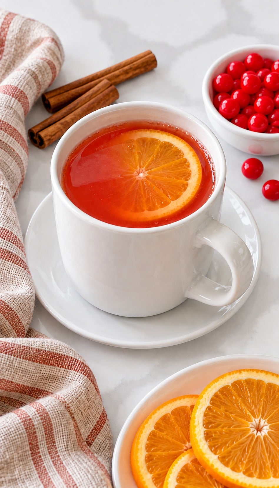 Red Hots apple cider in a white ceramic mug with a fresh orange slice.