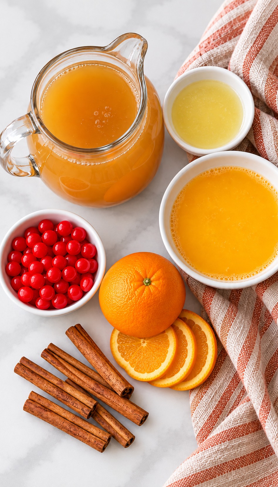 Apple cider, lemon juice, orange juice, Red Hots candies, orange, and cinnamon sticks for slow cooker cider.