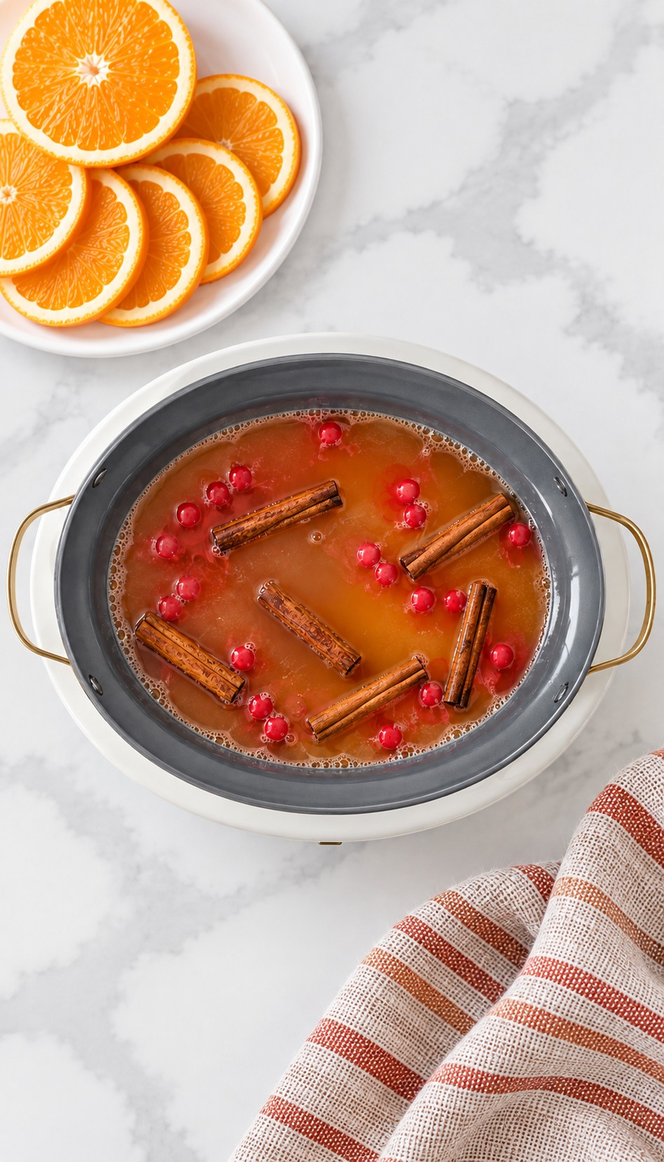Apple cider, citrus juices, cinnamon candies, and cinnamon sticks in the slow cooker before heating.