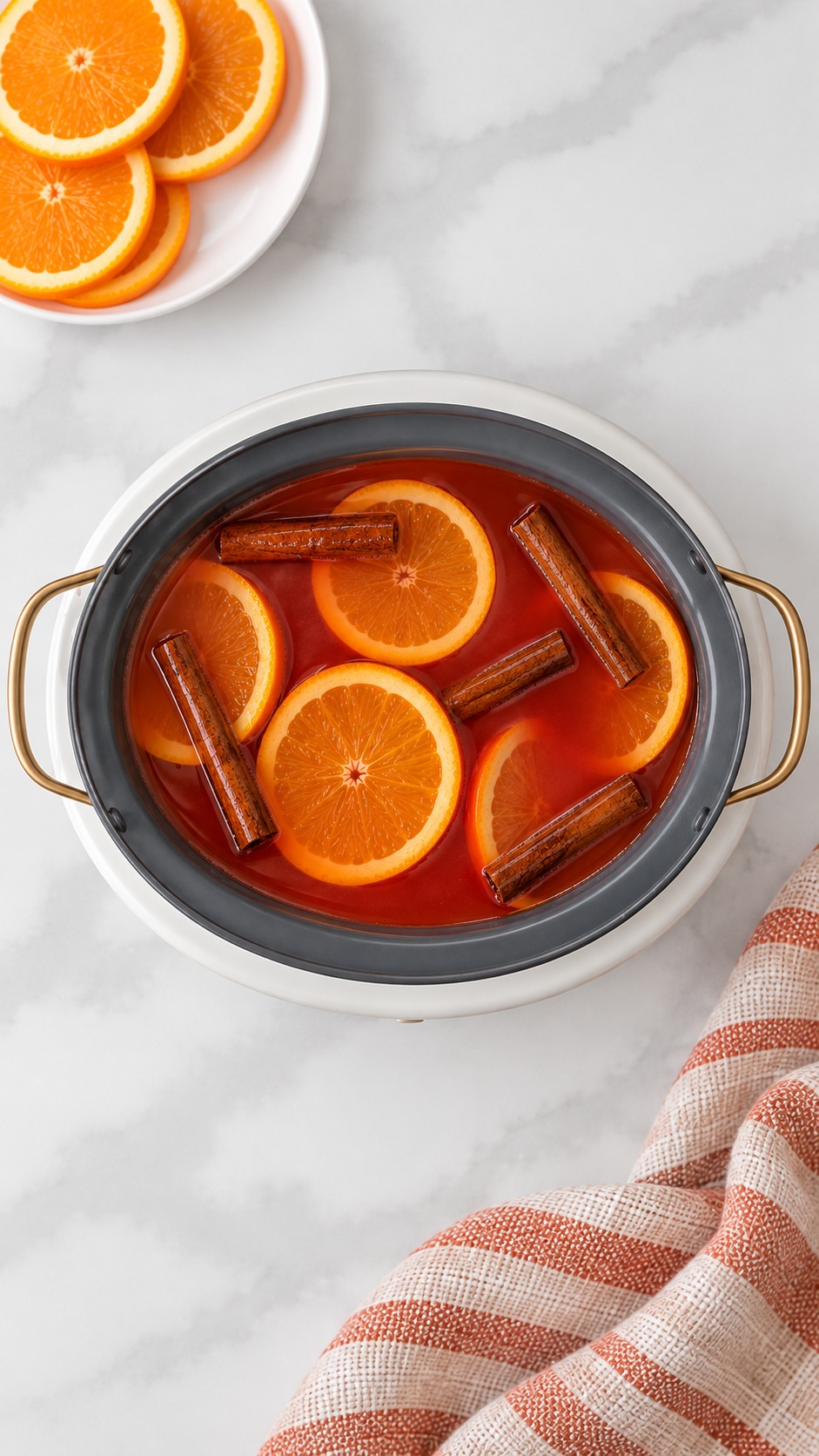Orange slices added to the red cinnamon cider for the final 30 minutes of cooking.