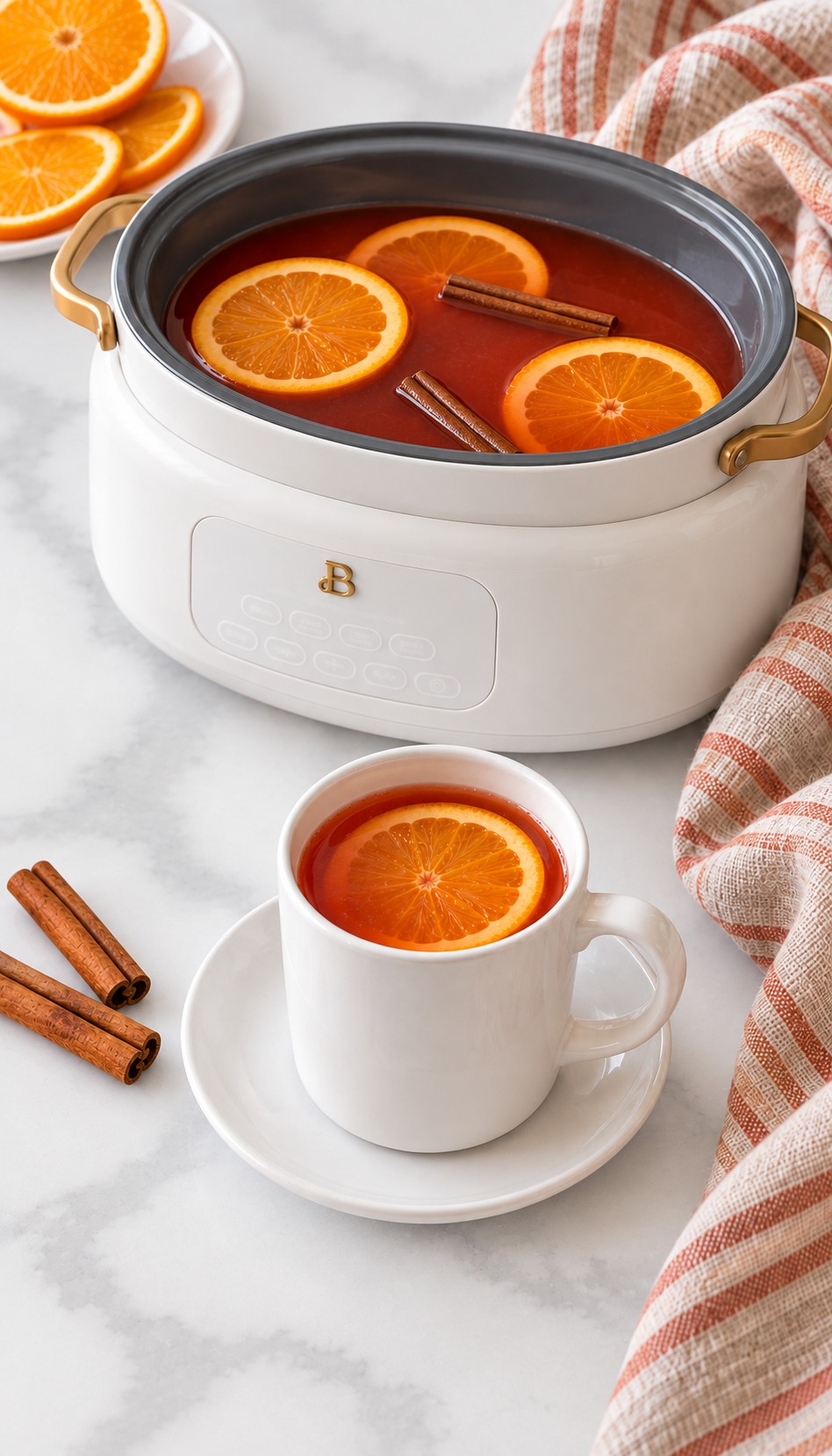 Finished hot cider in the slow cooker with a white mug ready for serving.