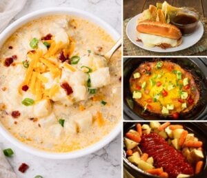 Four-photo collage of creamy hash brown potato soup, French dip sandwiches, layered beef enchiladas, and crockpot meatloaf with vegetables.