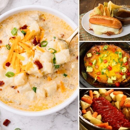 Four-photo collage of creamy hash brown potato soup, French dip sandwiches, layered beef enchiladas, and crockpot meatloaf with vegetables.