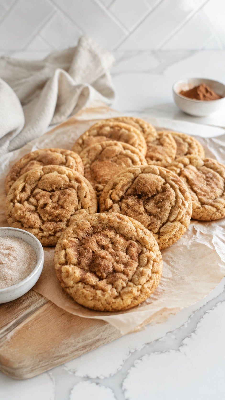Soft and chewy pumpkin spice cookies with crackly spiced-sugar tops arranged on parchment paper.