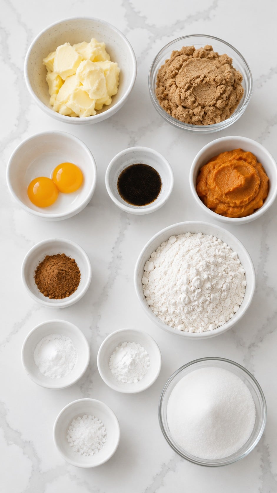Butter, brown sugar, egg yolks, vanilla bean paste, pumpkin puree, flour, pumpkin pie spice, leaveners, salt, and sugar for pumpkin cookies.