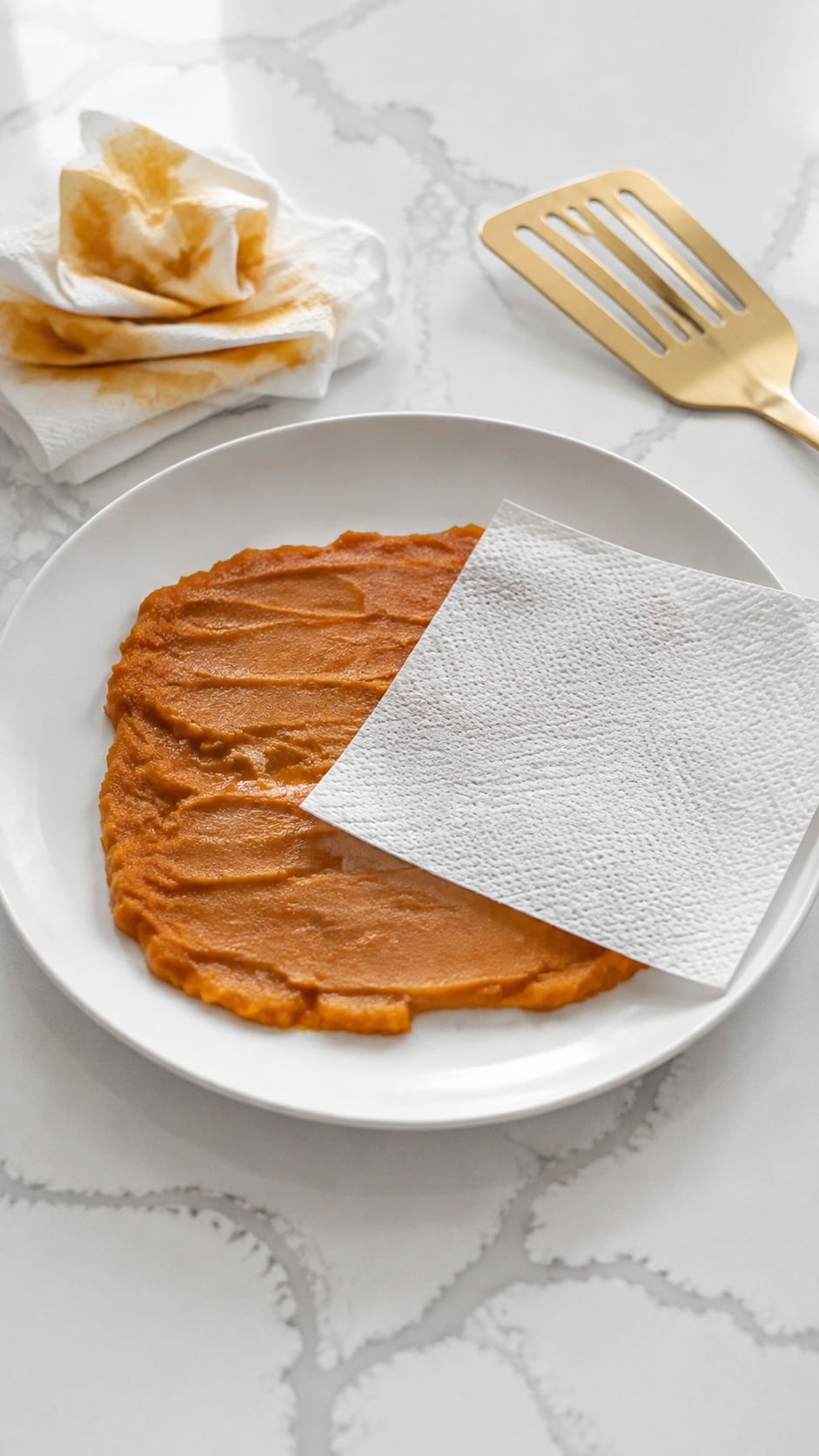 Pumpkin puree spread on a plate and blotted with paper towels to remove excess moisture.