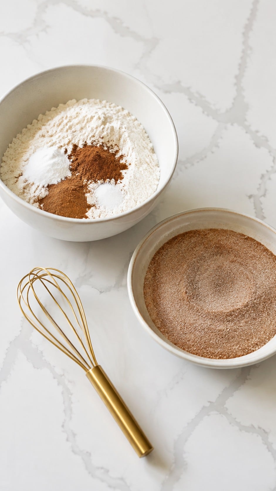 Dry ingredients whisked in one bowl and pumpkin-spiced sugar mixed in a shallow bowl.