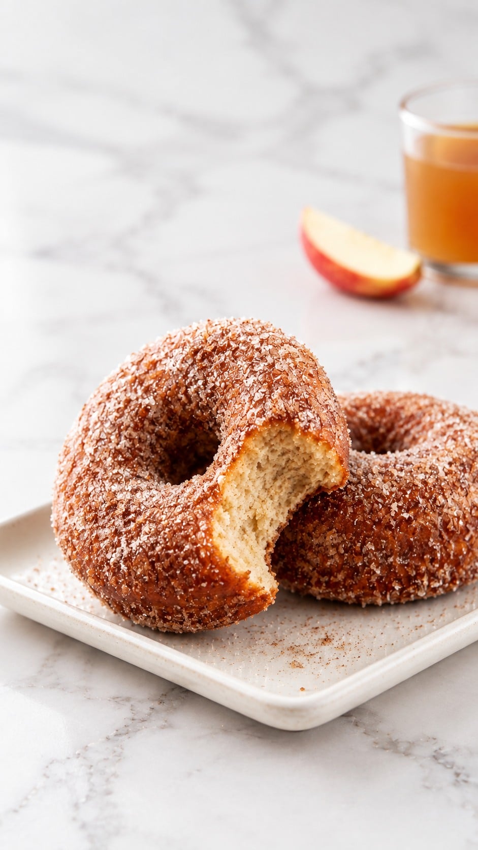 Bitten sour cream apple cider donut leaning against a whole cinnamon-sugar donut.
