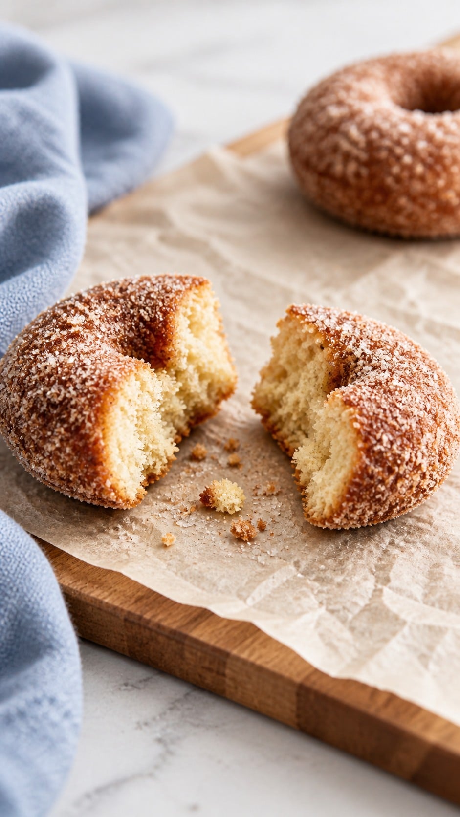 Two torn halves of a sour cream apple cider donut showing the tender interior.