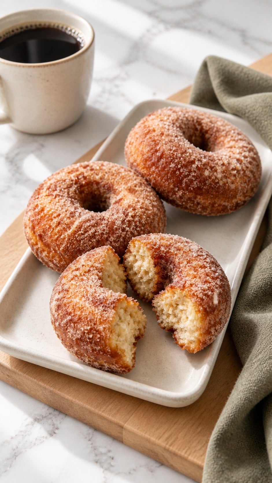 Sour cream apple cider donuts served with coffee, including one split to show the crumb.