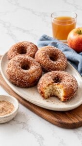 Cinnamon-sugar sour cream apple cider donuts arranged on an oval platter with apple cider.