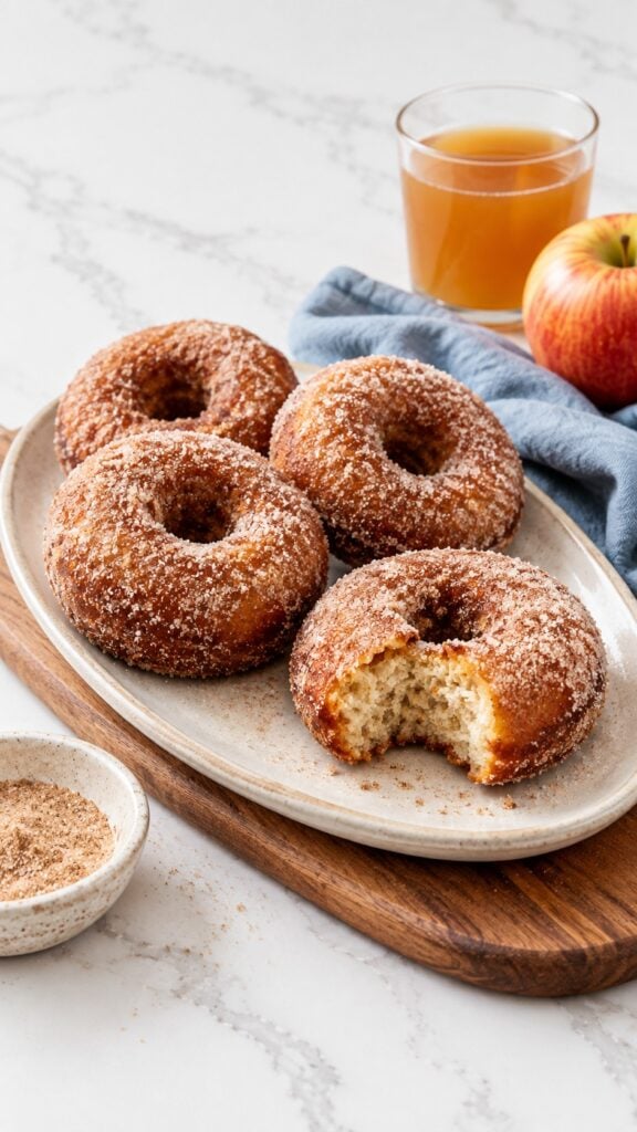Cinnamon-sugar sour cream apple cider donuts arranged on an oval platter with apple cider.