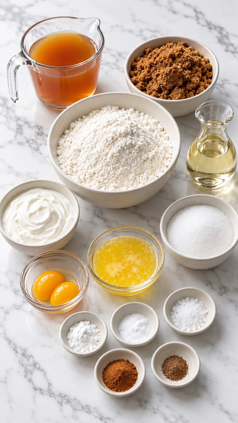 Ingredients for sour cream apple cider donuts, including reduced cider, sour cream, and two egg yolks.