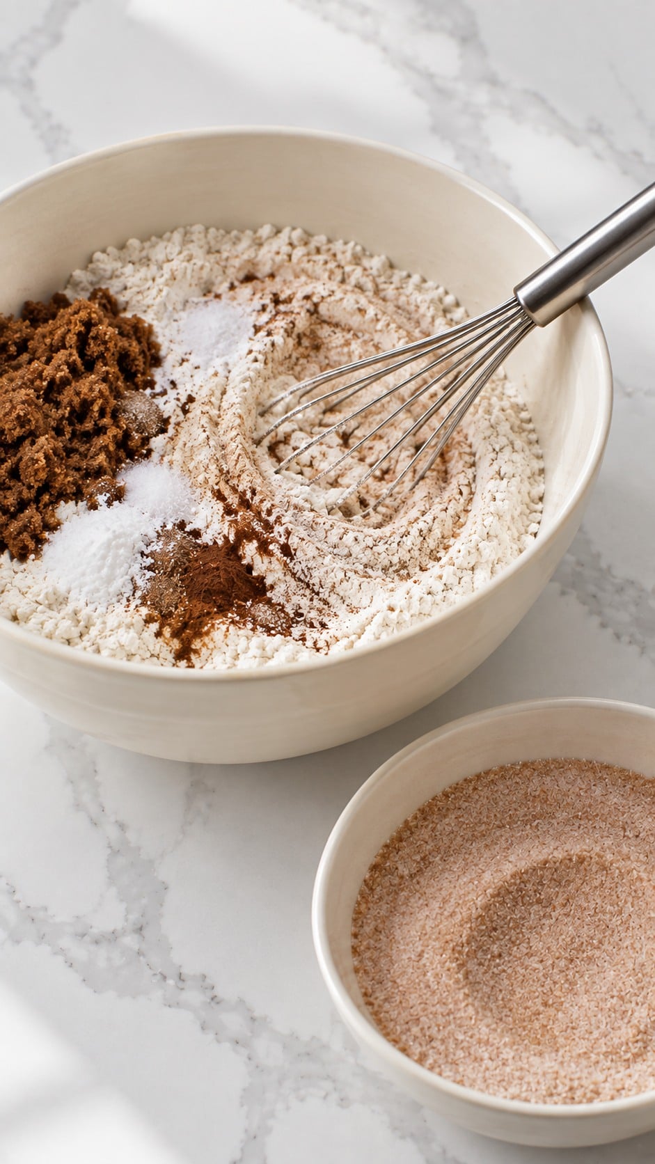Dry donut ingredients and cinnamon-sugar coating prepared in separate bowls.