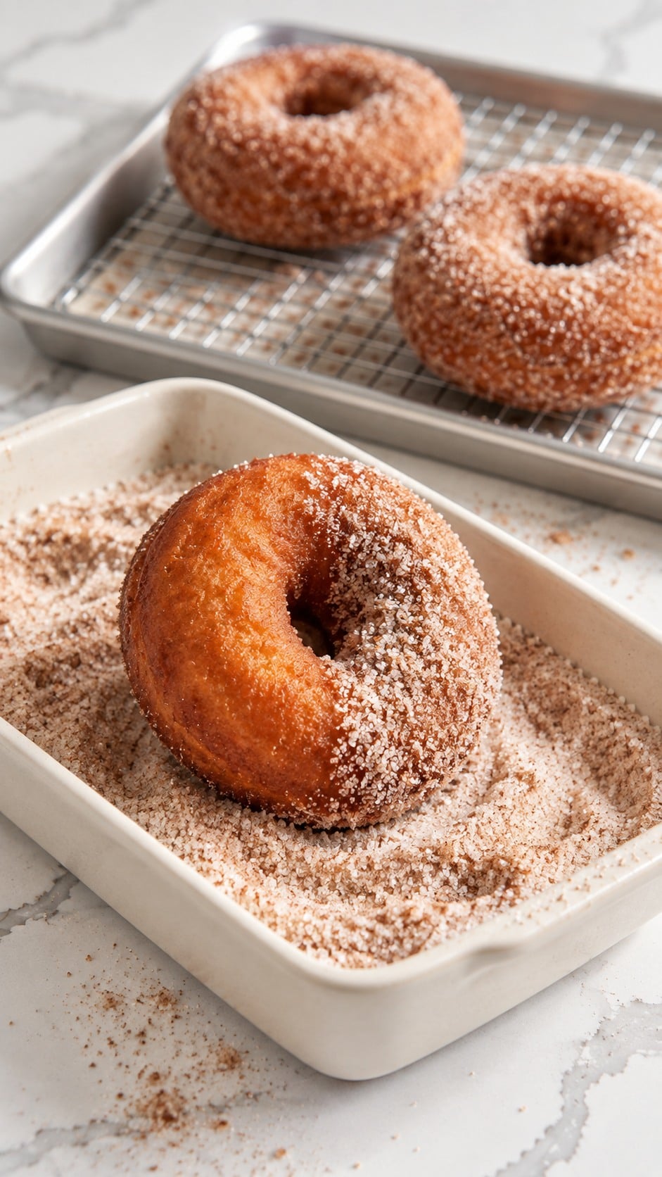 Warm apple cider donut being rolled in cinnamon sugar beside a cooling rack.