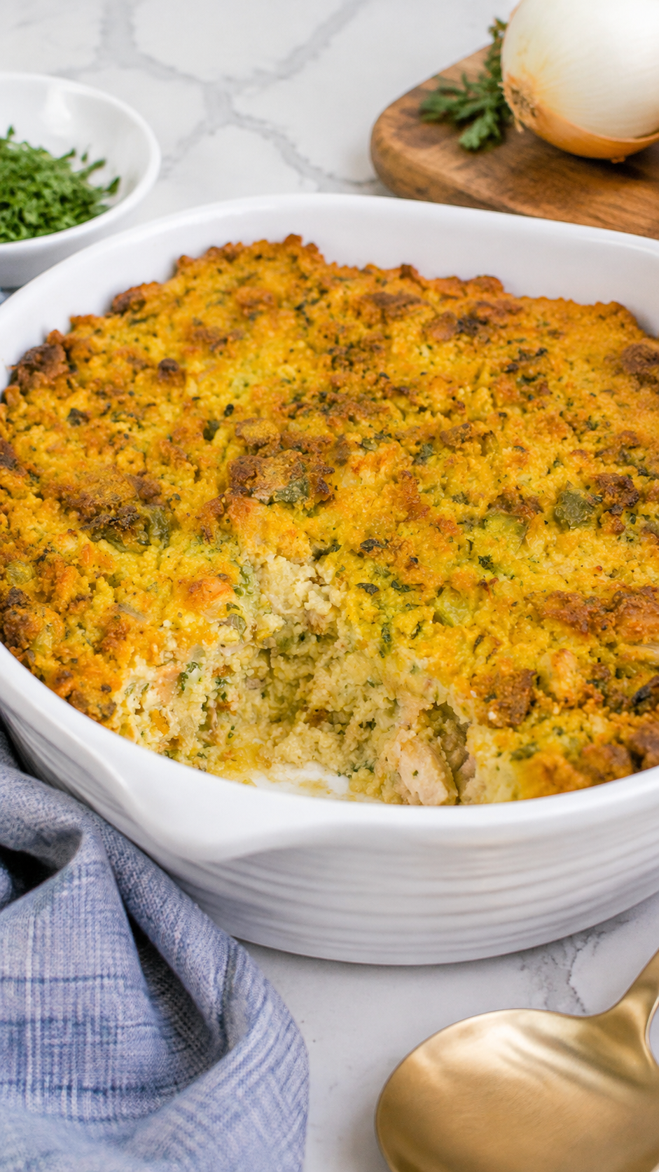 Serving view of turkey dressing with a browned top