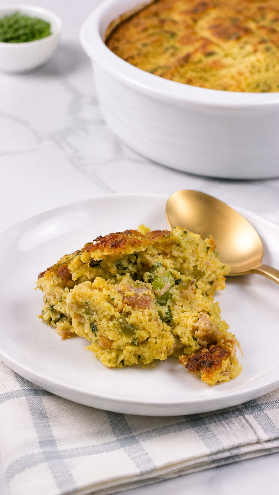 Close view of the moist cornbread and turkey filling
