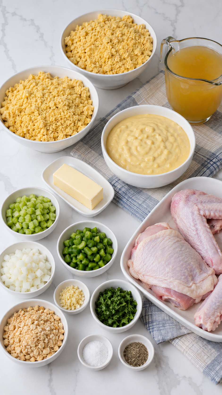 Cornbread, turkey, vegetables, crackers, soup, butter, and broth for dressing