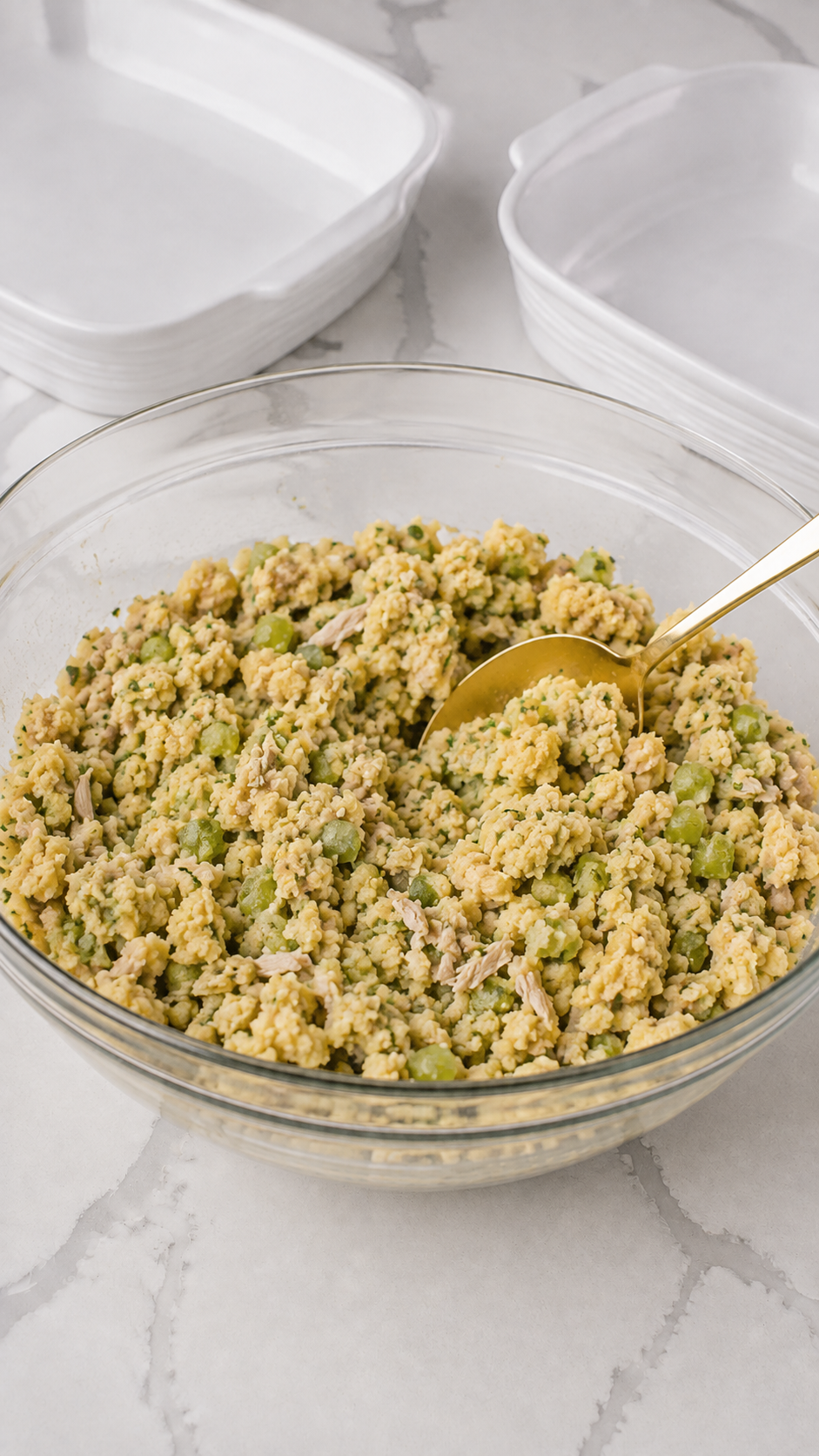 Cornbread mixture with chopped turkey and vegetables in a glass bowl