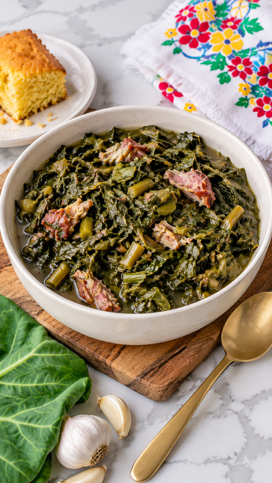 A bowl of Southern-style collard greens and smoked ham served with cornbread