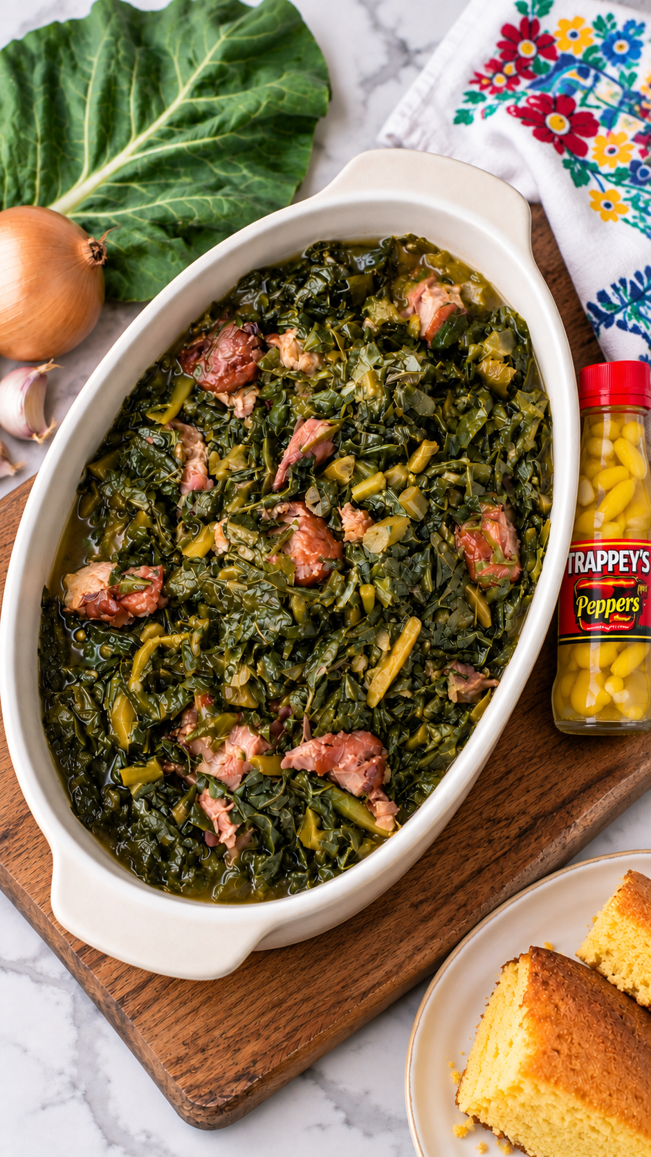 Angled view of collard greens in the same ivory oval dish beside Trappey’s pepper sauce