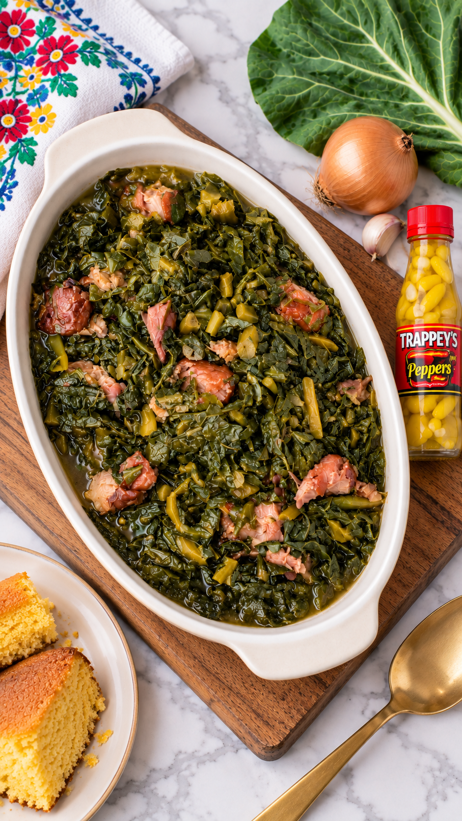 Alternate view of Southern collard greens in an ivory oval serving dish with Trappey’s pepper sauce