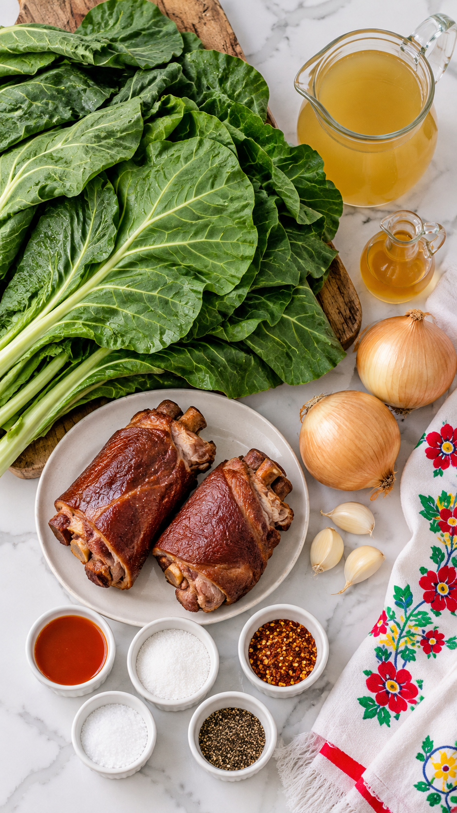 Collard greens, smoked ham hocks, onions, garlic, broth, vinegar, and seasonings