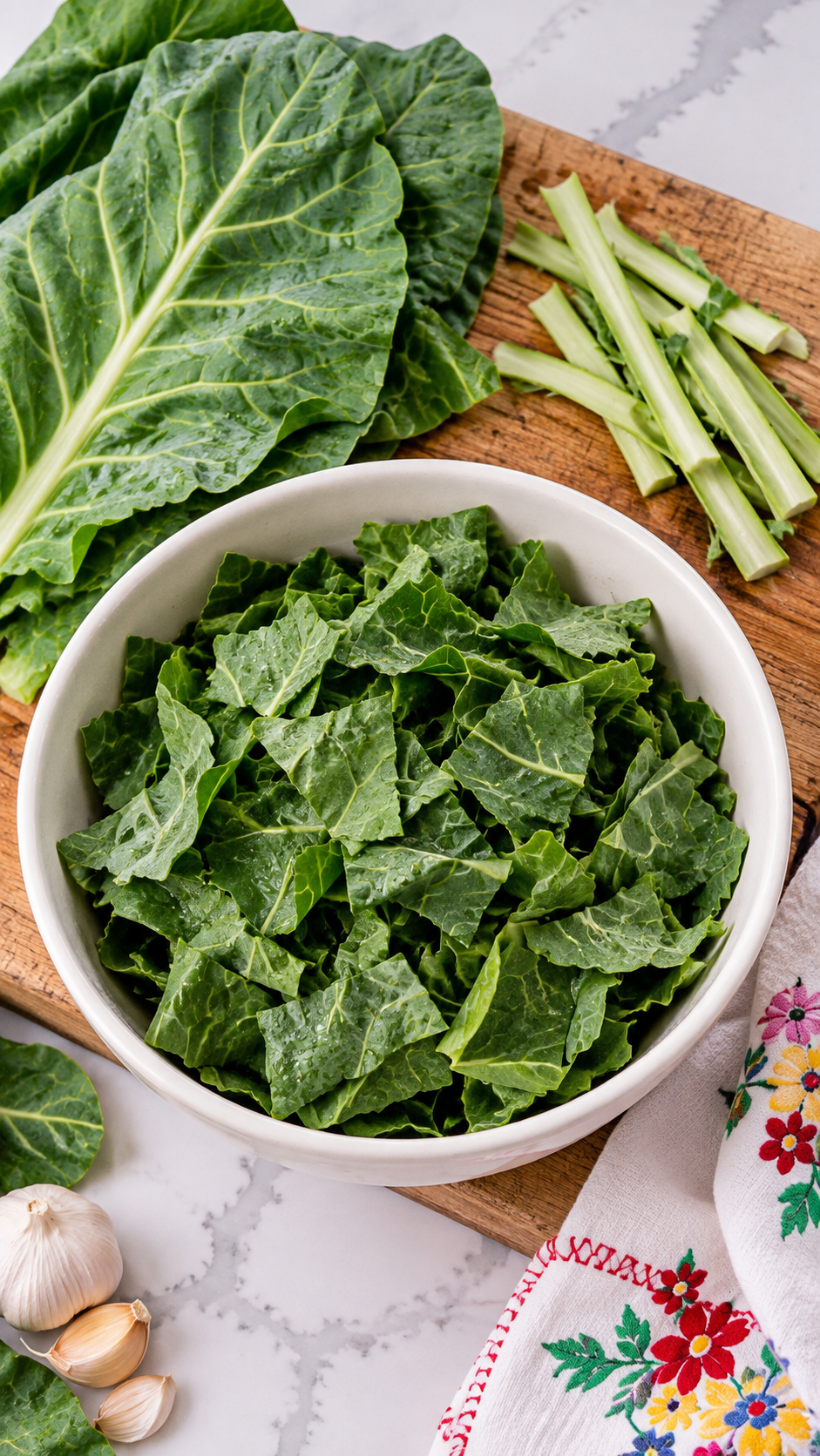 Prepared collard leaves with the thick center ribs removed