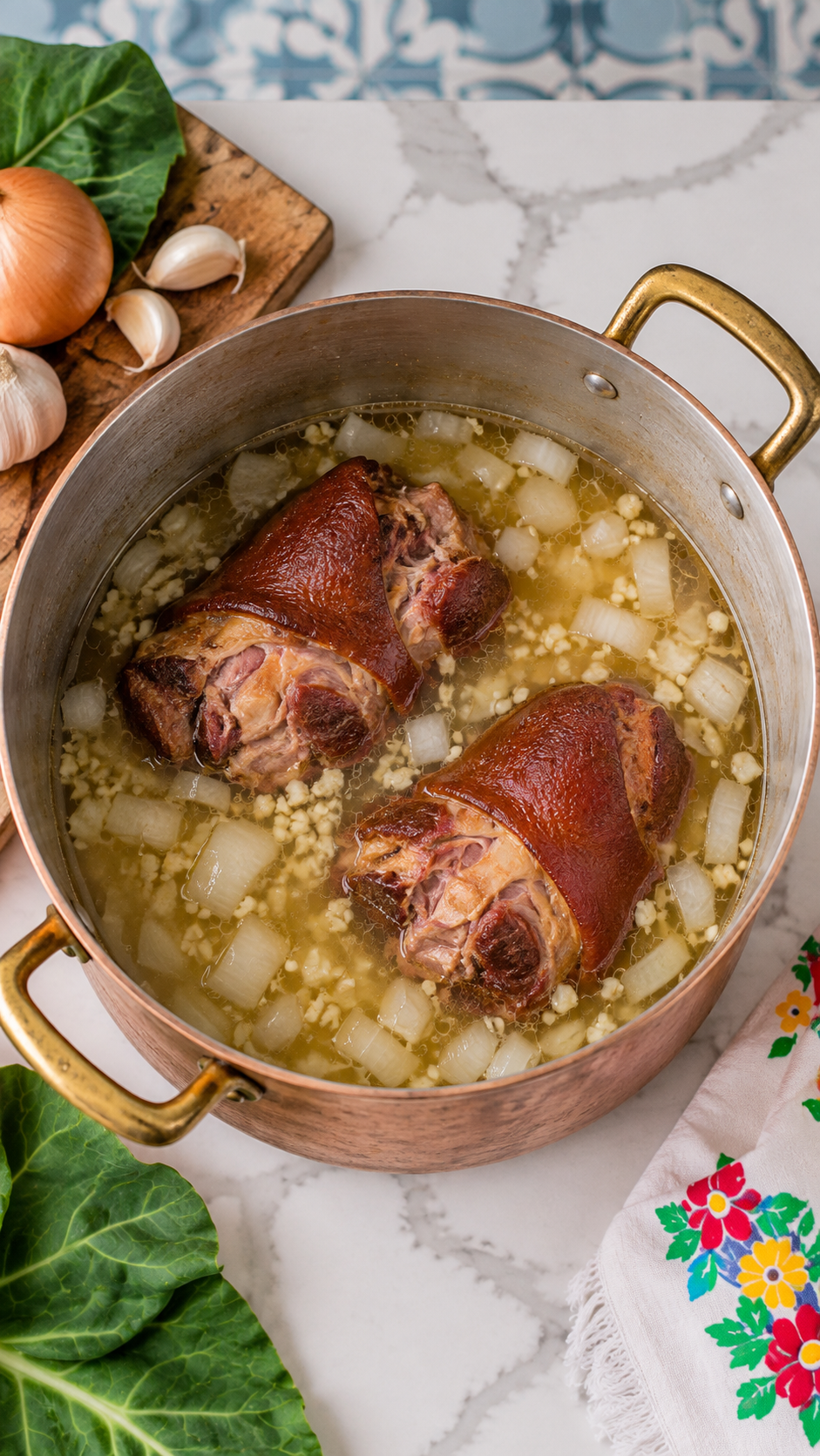 Smoked ham hocks with onion and garlic in chicken broth before adding greens