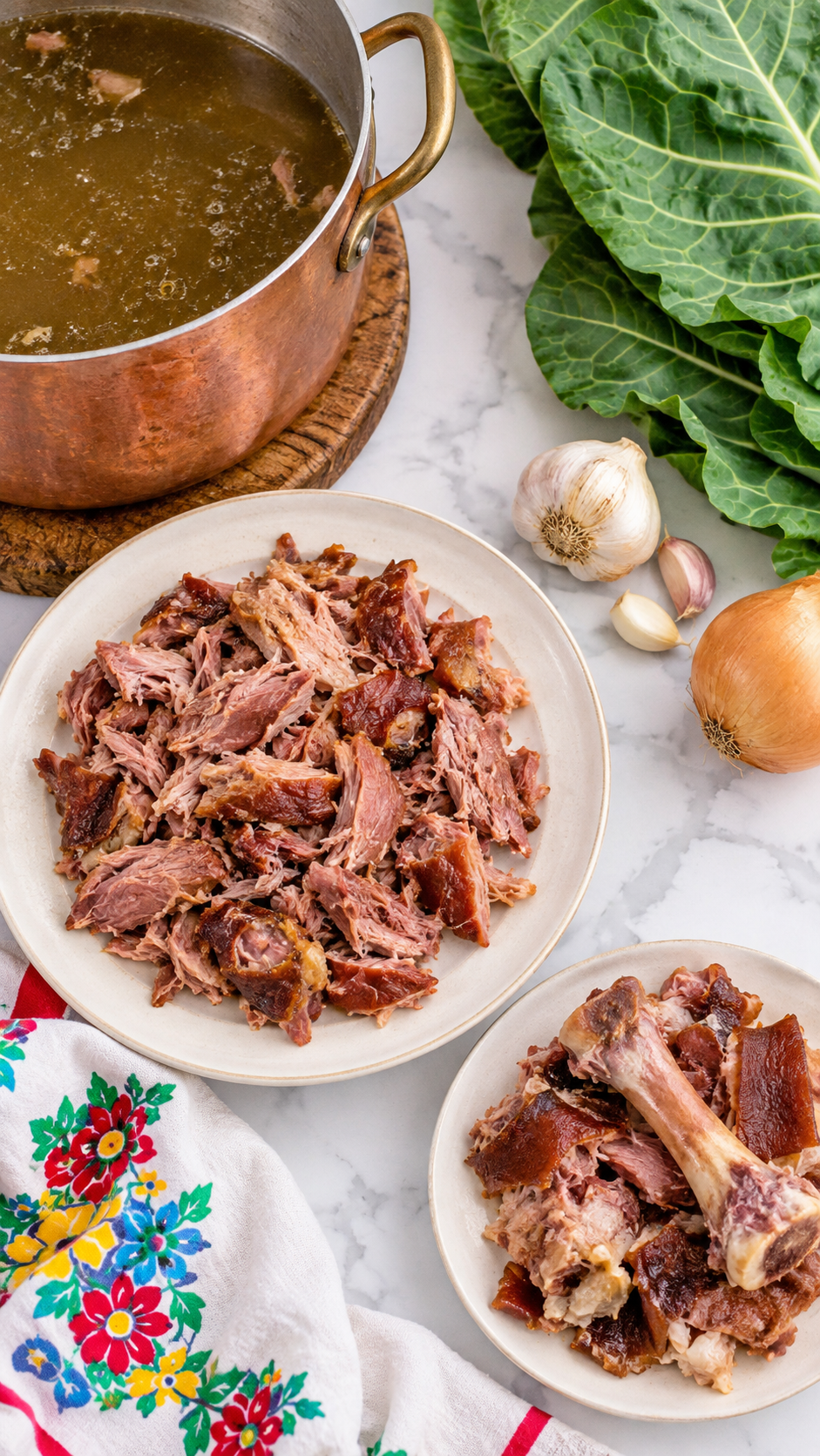 Cooked smoked ham pulled from the bones, with bones and excess fat set aside
