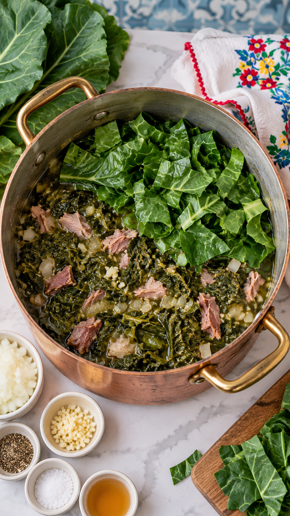 A fresh batch of collard leaves added to wilted greens and shredded ham