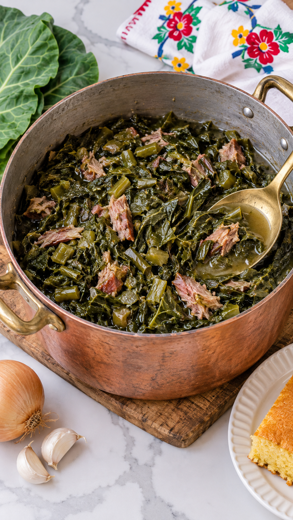 Tender collard greens and ham with pot liquor in a serving spoon