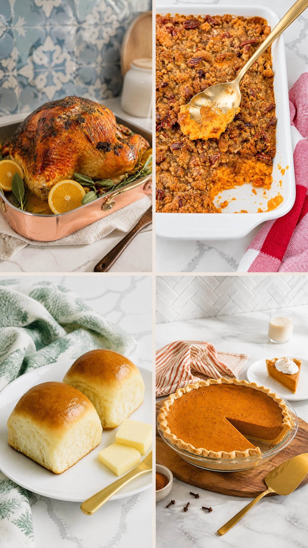 Southern Thanksgiving recipe collage with herb butter turkey, praline sweet potato casserole, homemade yeast rolls, and pumpkin pie