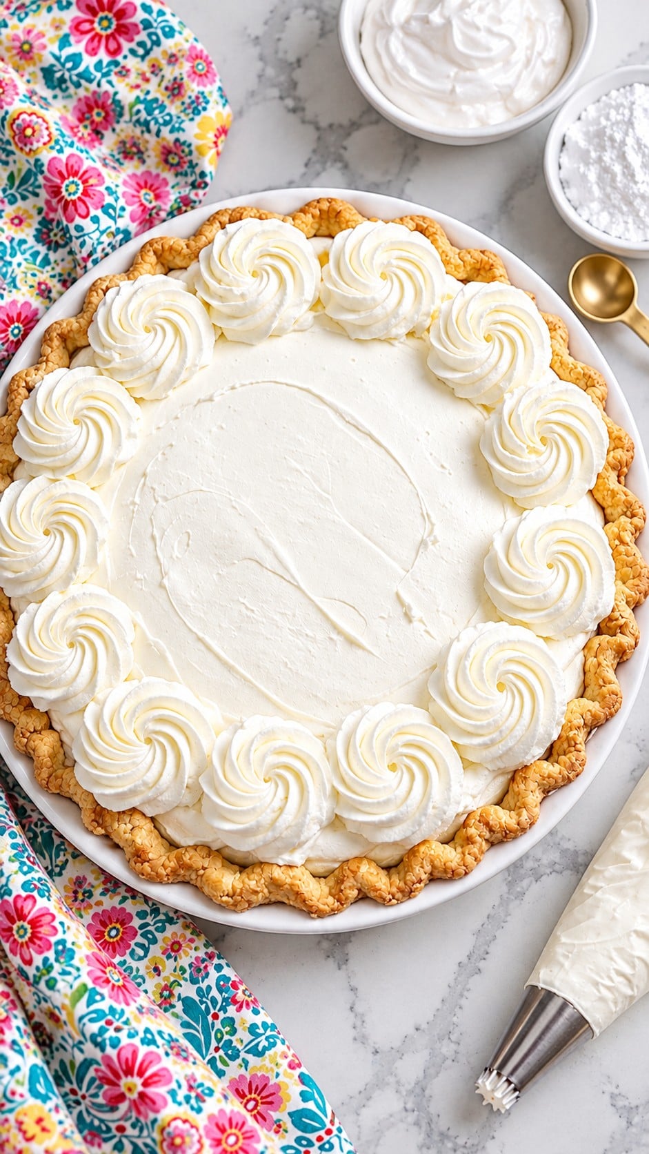 Overhead view of a pie topped with piped stabilized whipped cream.