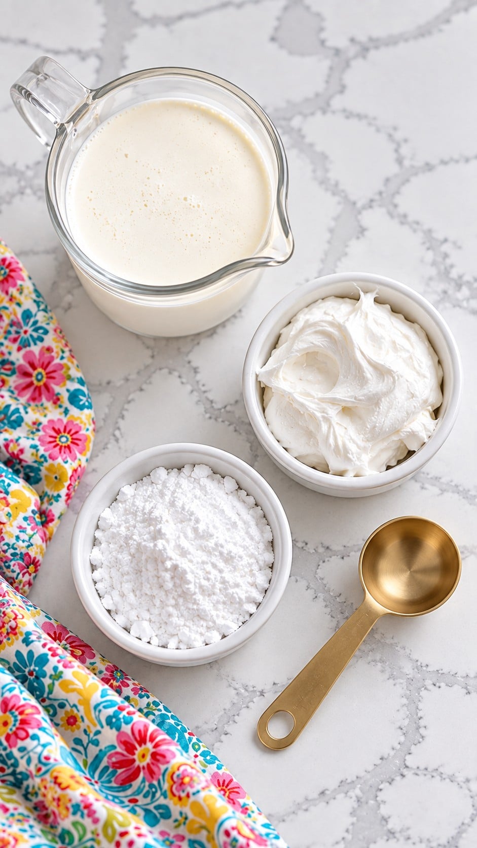 Heavy whipping cream, marshmallow creme, and optional powdered sugar for stabilized whipped cream.